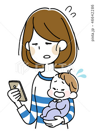 泣く赤ちゃんに疲れてスマートフォンを持つ女性のイラスト素材