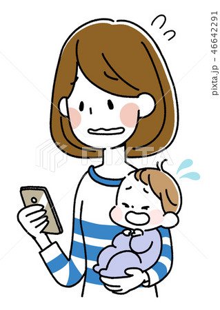 泣く赤ちゃんとスマートフォンを持つ若い女性のイラスト素材