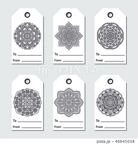 Gift tags set with mandala. Ethnic round ornament. Hand drawn indian moroccan arabic oriental motif 46645038