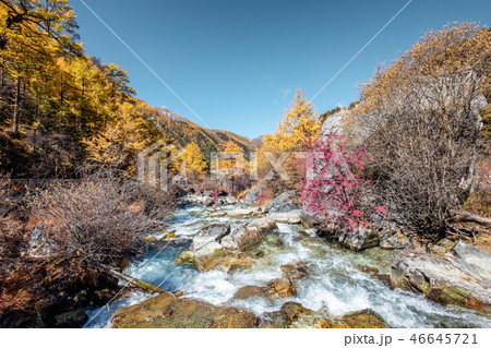 Beautiful waterfall in autumn forest with blue sky Beautiful waterfall in autumn forest with blue sky 46645721