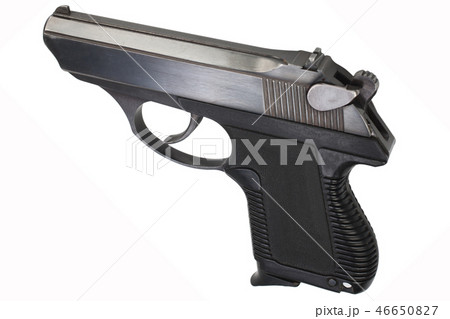 handgun with ammunition on the wooden table 46650827