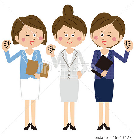 ポップなスーツの女性社員3人がガッツポーズ 全身のイラスト素材