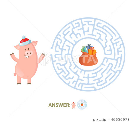 Winter Maze Game. Labyrinth with funny Piggy character and answer. Flat vector illustration 46656973