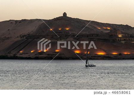 Nile Aswan and the West Bank with Tombs Old Kingdom Qubbet el-Hawa - 'Dome of the Winds' at the 46658061
