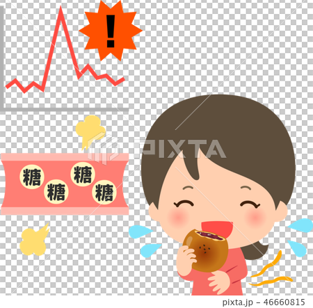 菓子パンを食べる女性と血糖値上昇のグラフのイラスト素材