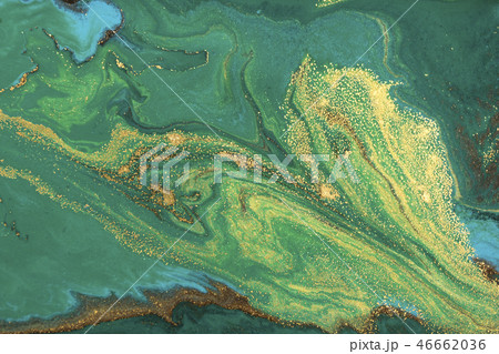 Gold marbling texture design. Green and golden marble pattern. Fluid art. 46662036
