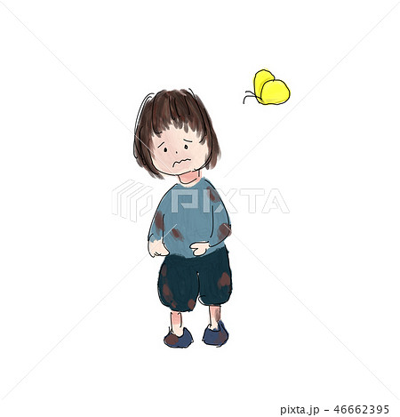 泥だらけの子供と蝶のイラスト素材