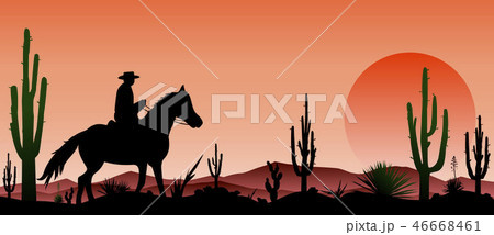 Desert, man riding a horse , cacti, sunset 46668461
