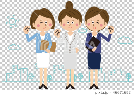 ポップなスーツの女性社員3人がガッツポーズ 全身 オフィス街のイラスト素材