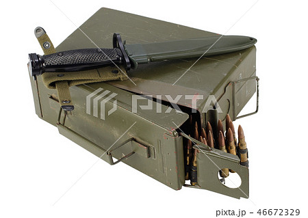 US Army Ammo Box with ammunition belt and bayonet US Army Ammo Box with ammunition belt and bayonet 46672329