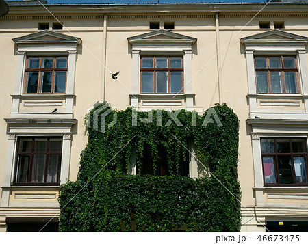 front view facade of vintage building with green 46673475