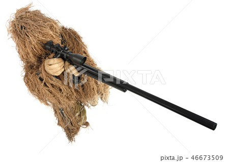 sniper in ghillie suit isolated on white 46673509