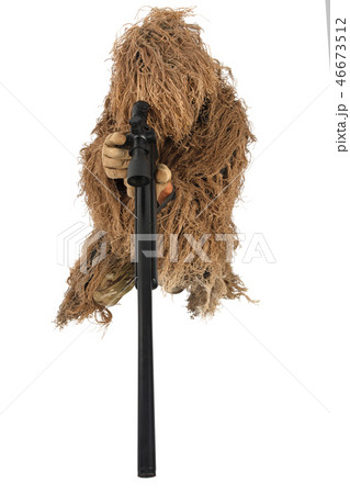 sniper in ghillie suit isolated on white 46673512