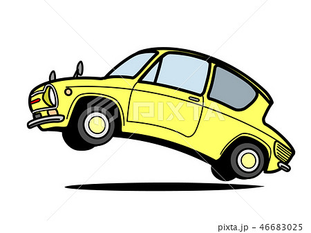 レトロな軽自動車 ジャンプ 薄黄色 自動車イラストのイラスト素材