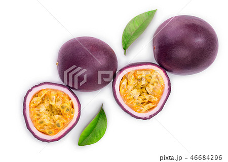 passion fruits and a half with leaves isolated on white background. Isolated maracuya. Top view passion fruits and a half with leaves isolated on white background. Isolated maracuya. Top view 46684296