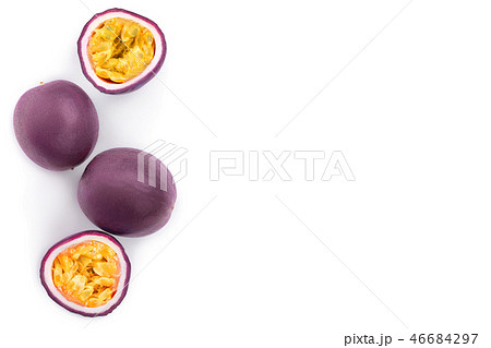 Two whole passion fruits and a half isolated on white background with copy space for your text Two whole passion fruits and a half isolated on white background with copy space for your text 46684297