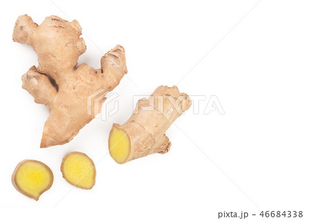 fresh Ginger root and slice isolated on white background with copy space for your text. Top view fresh Ginger root and slice isolated on white background with copy space for your text. Top view 46684338