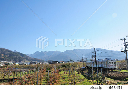志賀高原の山々をバックに冬枯れの果樹園を走る長野電鉄3500系電車 46684514