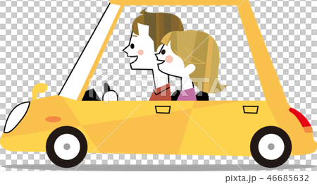 黄色い車でドライブデート 横アングル のイラスト素材