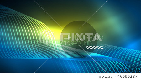 Glowing abstract wave on dark, shiny motion, Christmas and New Year magic space light. Techno 46696287