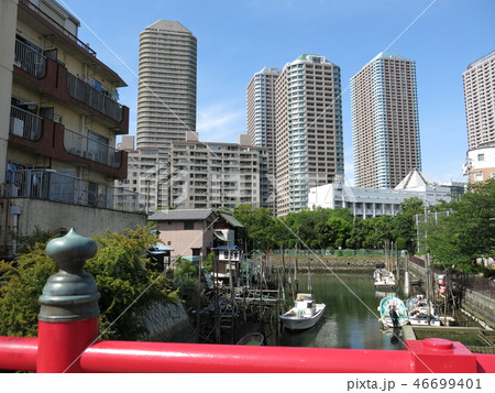 佃島の佃小橋から掘割越しに見たリバーシティ21のマンション群 佃島の佃小橋から掘割越しに見たリバーシティ21のマンション群 46699401