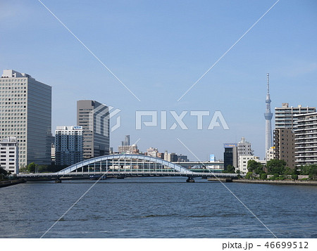 中央区の石川島公園にあるパリ広場からの眺め（隅田川・永代橋・東京スカイツリー） 46699512