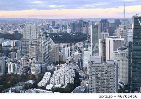 日本の東京都市景観 六本木や大手町などの街並みを望む(右上に東京スカイツリー) 日本の東京都市景観 六本木や大手町などの街並みを望む(右上に東京スカイツリー) 46705456
