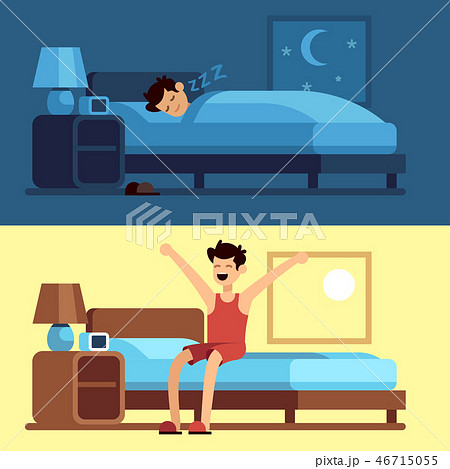 Man sleeping waking up. Person under duvet at night and getting out of bed morning. Peacefully sleep 46715055