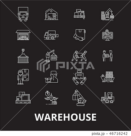 Warehouse editable line icons vector set on black background. Warehouse white outline illustrations 46716242