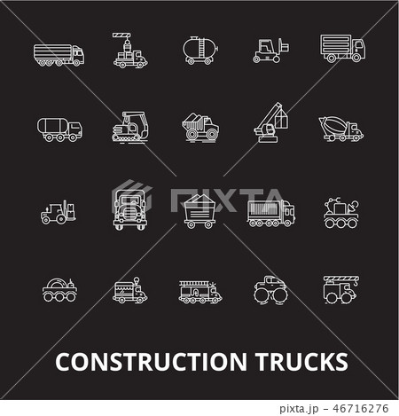 Trucks construction editable line icons vector set on black background. Trucks construction white 46716276