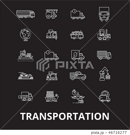 Transportation editable line icons vector set on black background. Transportation white outline 46716277