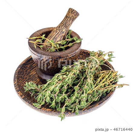 Thyme sprigs, mortar, pestle, herb for cooking Thyme sprigs, mortar, pestle, herb for cooking 46716440