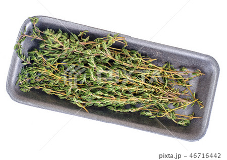 Thyme sprigs, mortar, pestle, herb for cooking 46716442