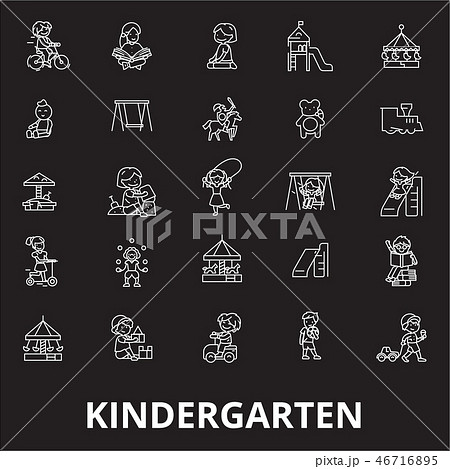 Kindergarten editable line icons vector set on black background. Kindergarten white outline 46716895