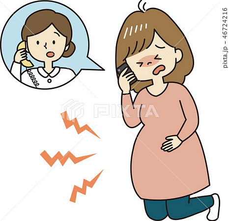 陣痛で病院に電話する妊婦のイラスト素材