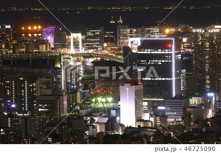 日本の東京都市景観　レインボーブリッジやフジテレビなど、街並みを望む(夜景） 46725090
