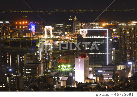 日本の東京都市景観　レインボーブリッジやフジテレビなど、街並みを望む(夜景） 46725091