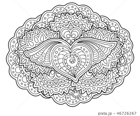 Coloring book page with stylized flying heart 46726267