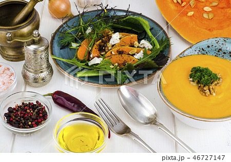 Autumn  set seasonal food with pumpkin ingredient. 46727147
