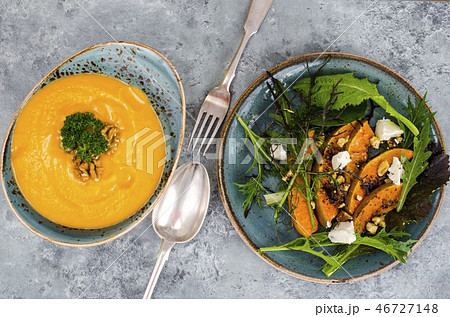 Autumn set seasonal food with pumpkin ingredient. Autumn set seasonal food with pumpkin ingredient. 46727148
