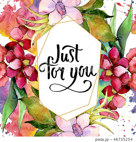 Red and purple floral botanical flower bouquet. Watercolor background illustration set. Frame border 46735254