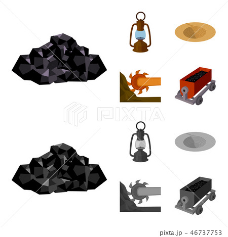 A miner lamp, a funnel, a mining combine, a trolley with ore.Mining industry set collection icons in A miner lamp, a funnel, a mining combine, a trolley with ore.Mining industry set collection icons in 46737753