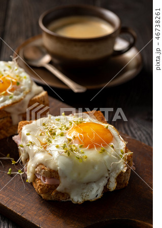 Croque madame, hot french toasts with ham . Croque madame, hot french toasts with ham . 46738261