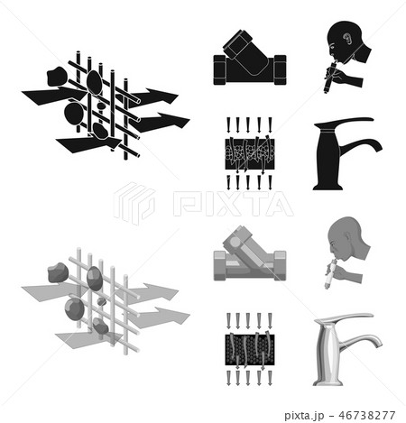 System, balloon, hand, trial .Water filtration system set collection icons in black,monochrome style 46738277