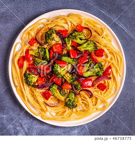 Pasta with broccoli, pepper, onion. Pasta with broccoli, pepper, onion. 46738775