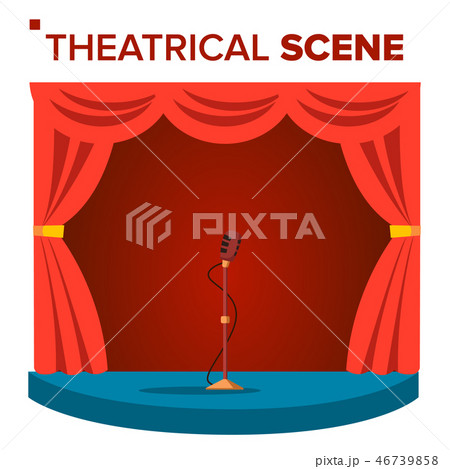 Theatrical Scene Vector. Performane. Stage Podium. Red Velvet Curtains. Event Show. Isolated Flat 46739858
