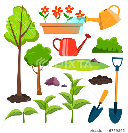 Garden Icons Vector. Watering Can, Shovel, Sapling, Plant, Watering Flowers. Isolated Flat Cartoon 46739866