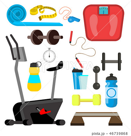 Fitness Icons Vector. Simulator, Scales, Dumbbell, Gym Equipment Accessories. Isolated Flat Cartoon 46739868
