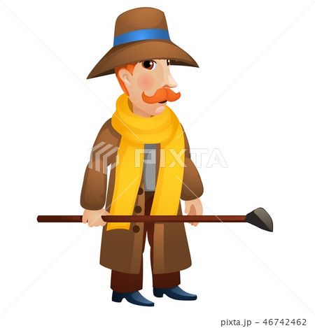 A man in a coat and hat holding a stick in his hands isolated on white background. Vector cartoon A man in a coat and hat holding a stick in his hands isolated on white background. Vector cartoon 46742462