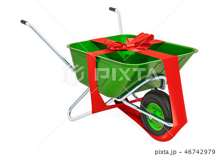 Gift concept. Wheelbarrow with bow and ribbon 46742979